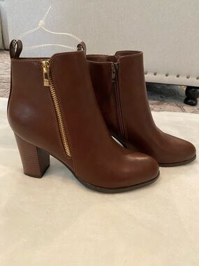 New York & Company Brown Leather Ankle Booties with Gold Zipper